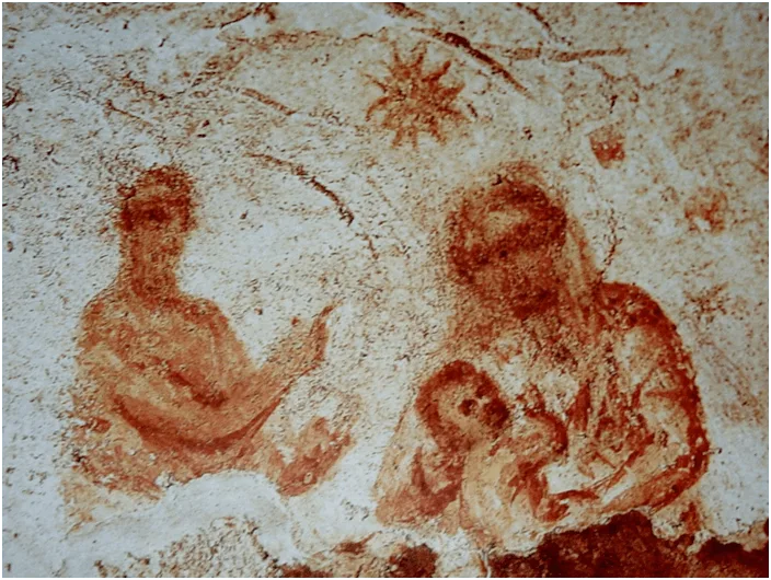 Figura 1: Fresco de la Virgen María en las catacumbas de Priscila. Fuente.