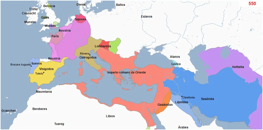 Figura 2: Mapa donde se aprecia el Imperio romano de Oriente a mediados del siglo VI. Fuente.