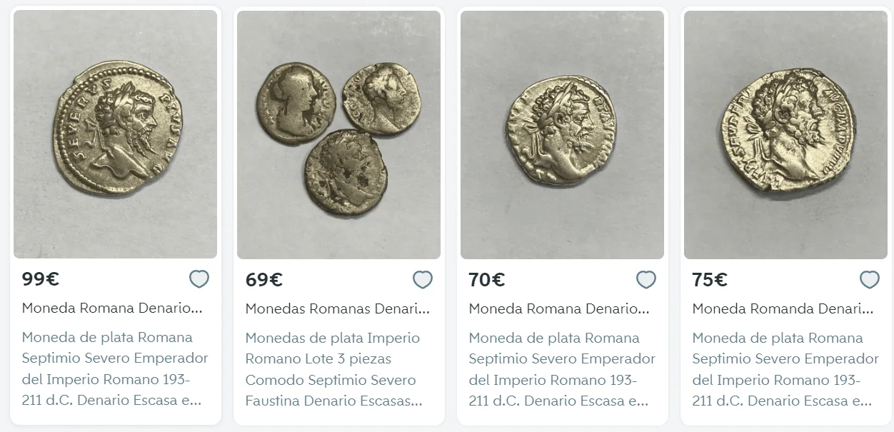 Figura 4. Ejemplo de objetos arqueológicos (monedas romanas) en página conocida de compraventa.