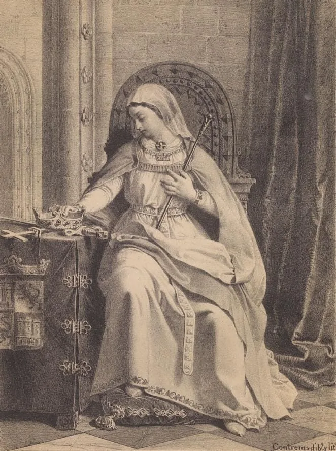 Litografía de la reina Berenguela en «Mugeres célebres de España y Portuga», 1868, Barcelona : Víctor Pérez, 1868. Fondo Antiguo de la Biblioteca de la Universidad de Sevilla. Fuente.