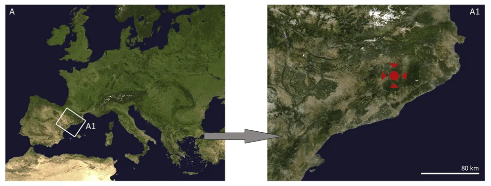 Mapa con la localización de la cueva de Teixoneres (A y A1). Modificado de Sánchez-Hernández y colaboradores (2014)