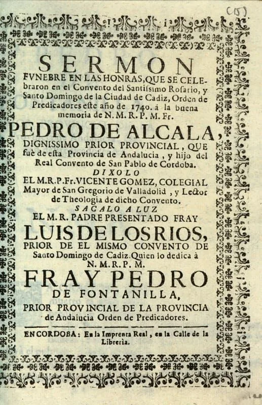 Sermón fúnebre de Vicente Gómez, publicado en 1740. En muchas ocasiones, la muerte de una persona destacada en la comunidad era una ocasión ideal para predicar. Fuente