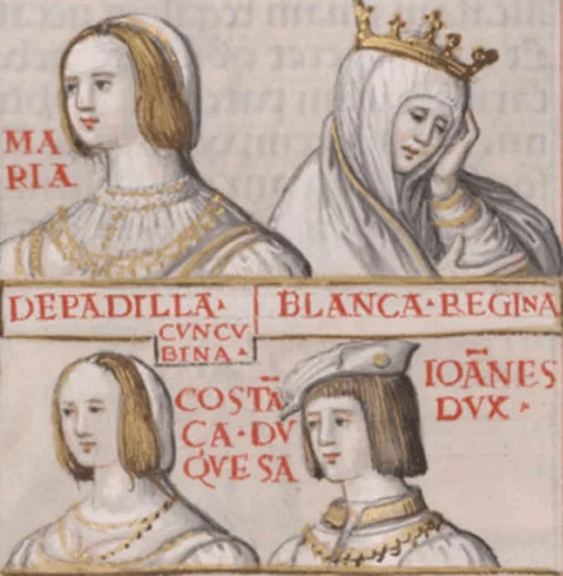 María de Padilla, Blanca de Borbón y Constanza con su marido (Cartagena, c. 1530: 37r). Imagen procedente de la Biblioteca Nacional.