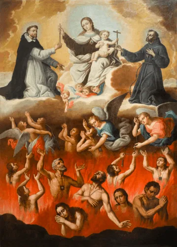 Pintura de ánimas de la parroquia de Santiago Apóstol en Santiago de la Espada (Jaén). Se pueden observar a los ángeles llevando algunas ánimas en compañía de la Virgen. Fuente
