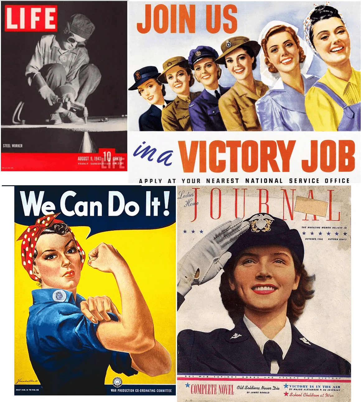 Portadas y publicidad laboral femenina de 1942-43 (Fuentes: Life Magazine, Australian War Memorial, National Geographic, Pinterest)