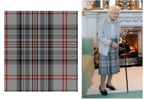 Figuras 4 & 5: Tartán de Balmoral (derecha, Fuente); (izquierda) última foto tomada de la reina Isabel II antes de su fallecimiento, vistiendo el tartán de Balmoral (izquierda, Fuente).