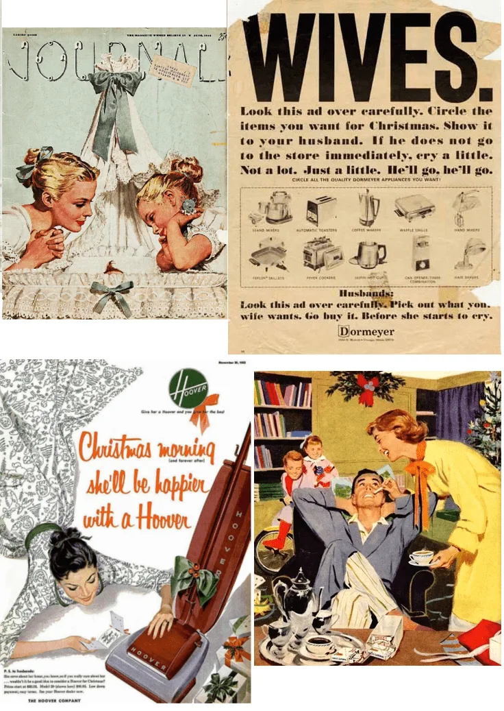 Portada y publicidad femenina de finales de la década de los 40 y principios de los 50 (Fuentes: The Gilder Lehrman Institute of American History, Fine Art America, Cocktail Hour Blog, Pinterest)
