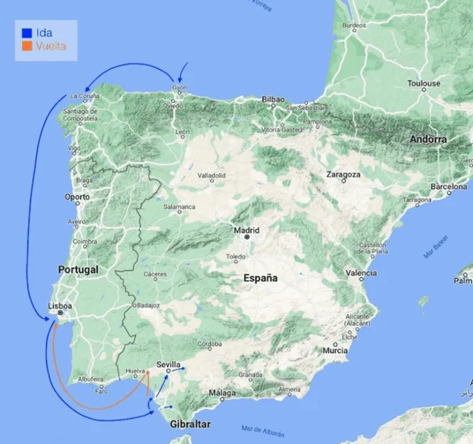 Figura 1: Mapa sobre la ruta del ataque vikingo del año 844. Elaboración propia.