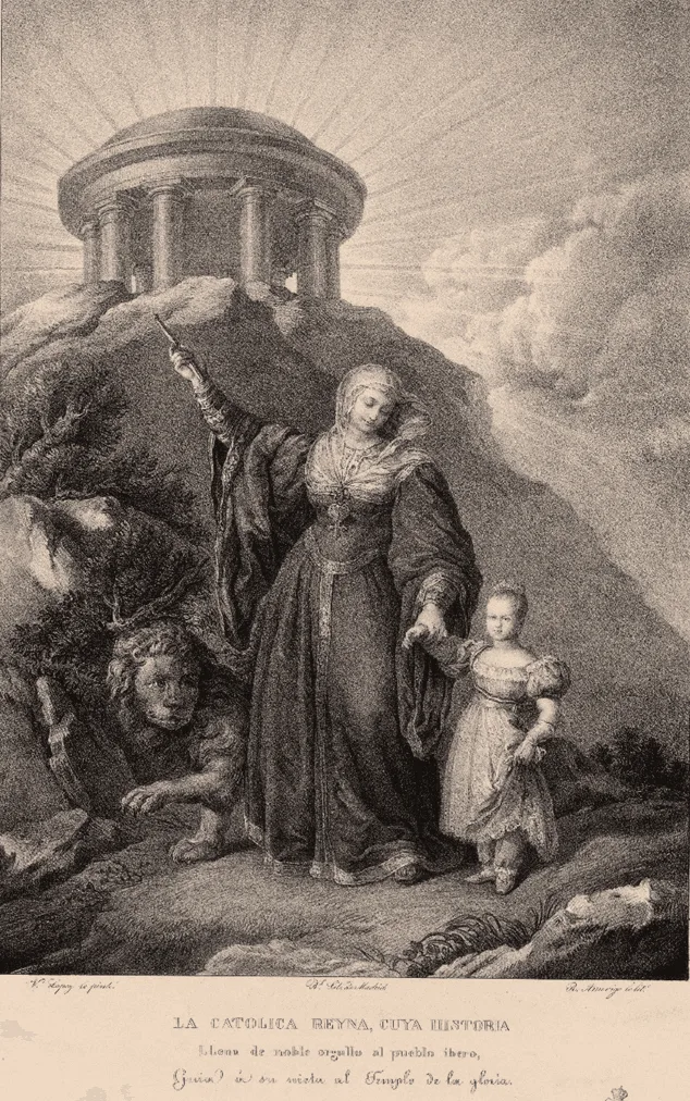 Figura 1. Grabado de Isabel I guiando a Isabel II, por V. López y R. Amerigó. Imagen procedente de la Biblioteca Nacional. Fuente.