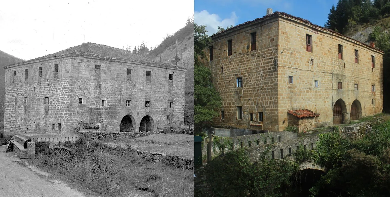 Figura 6. Casa palacio de Elorregi, construida en el siglo XVI en el barrio de Brinkola, Legazpi (Gipuzkoa). La primera es una fotografía de 1952 (Indalecio Ojanguren, GureGipuzkoa); la segunda está tomada en 2019 (V.M.). La horizontalidad del edificio, la disposición más regular y la numerosidad de los vanos, junto con los amplios arcos de la entrada diferencian este palacio de las antiguas casas torre, si bien conserva algún detalle que la emparenta con éstas, véase por ejemplo las saeteras.
