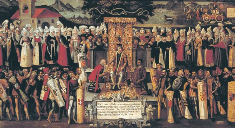 Tras jurar los Fueros del Señorío de Vizcaya, el rey Fernando el Católico recibe la pleitesía de las Juntas Generales, reunidas en Guernica junto al Árbol, el 30 de julio de 1476. Pintura de Francisco de Mendieta y Retes, 1609. Fuente: Sindarin, Wikimedia Commons.