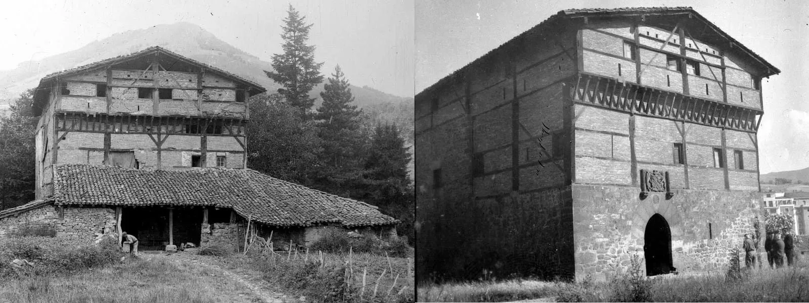 Figura 2. Imágenes tomadas con casi 50 años de diferencia de la torre de Legazpi, situada en Zumarraga; la primera, tomada alrededor de 1915, en la que se observan sus viejos anexos agropecuarios y la segunda tras su restauración, en la que primaron los elementos nobles, en 1963. Fotos: Indalecio Ojanguren, GureGipuzkoa (1) y (2).