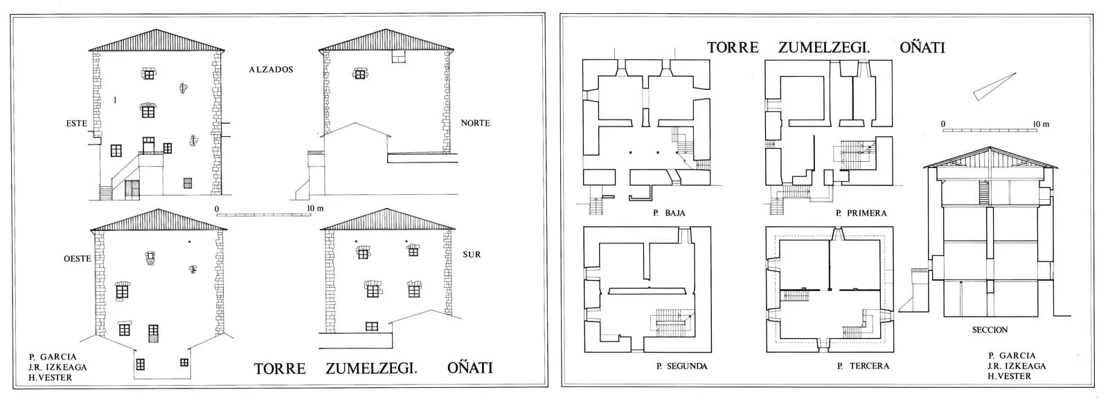 Figura 3. Planos de la casa torre de Zumeltzegi situada en Oñate (Gipuzkoa), la cual alberga a día de hoy un hotel-restaurante, elaborado por Garcia, P.;&nbsp;Izkeaga,&nbsp;J. R. y&nbsp;Vester,&nbsp;H. Como se puede ver, son características su verticalidad, los muros anchos, las saeteras y el acceso por patín a la primera planta. Fuente: Gipuzkoa Kultura, Gure Gipuzkoa (1) y (2).