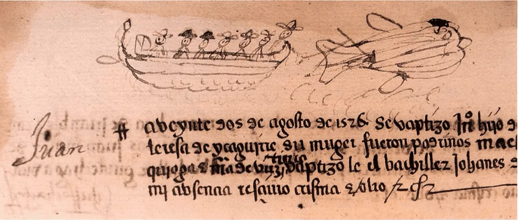 Figura 2. Bosquejo de una chalupa arponeando una ballena, en un registro del País Vasco (S.XVI). Fuente: Archivo fotográfico, Untzi Museoa-Museo Naval, San Sebastián.