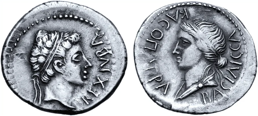 Figura 5: Moneda de Juba II y Cleopatra Selene con las incripciones REX IUBA (Rey Juba) y KLAEOPATRA BASILISSIA (Reina Cleopatra) respectivamente. Fuente.