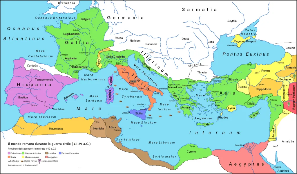 Figura 1: Mapa de la repartición del gobierno de los territorios romanos tras el 42 a.C. En verde están las zonas bajo el mando de Marco Antonio. Fuente.