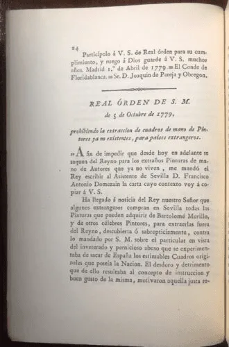 Figura 1. Real Orden de S.M. de 5 de Octubre de 1779, prohibiendo la extracción de cuadros de mano de Pintores ya no existentes, para países extranjeros. Primera página. Fuente.