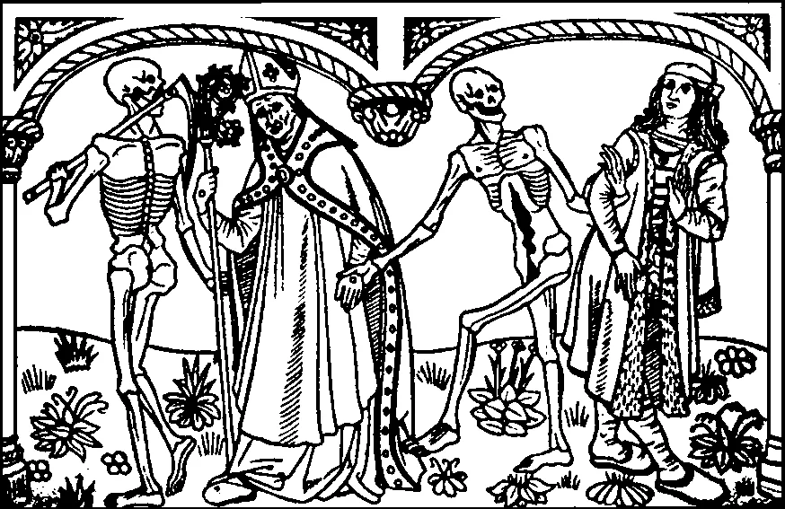 Figura 2. Detalle litográfico de Guyot Marchat, Cementerio de los Santos Inocentes de París, 1484. Fuente.