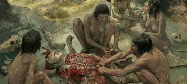 Figura 2. Canibalismo en la prehistoria. Ilustración realizada por Arturo Asensio Moruno en el Museo Arqueológico Nacional. Fuente.