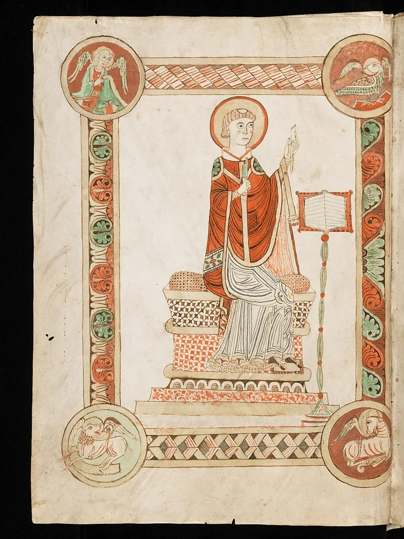 Figura 1. Beda escribiendo la historia eclesiástica del pueblo inglés, ilustración de un códice en la abadía de Engelberg en Suiza. Fuente.