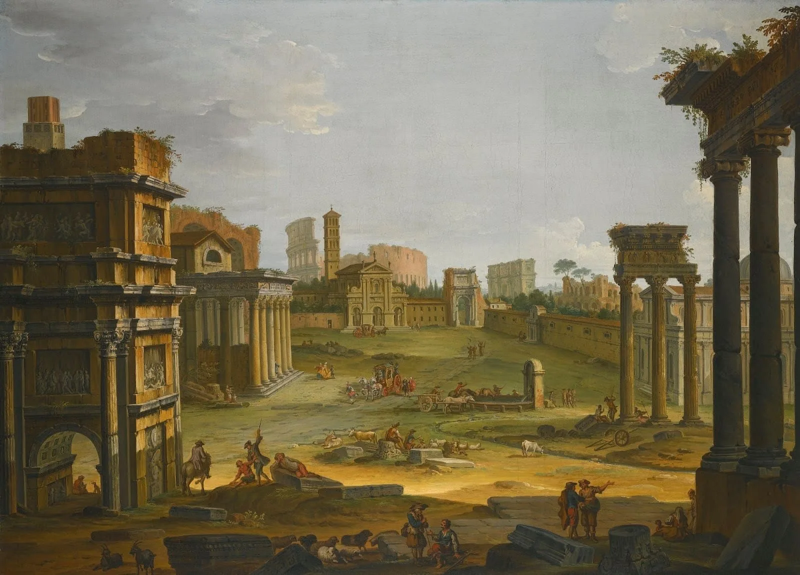 Figura 1. Una vista del Foro junto con el Campo Vaccino, la iglesia de Santa Francesca Romana y el Coliseo. Antonio Joli. Siglo XVIII. Fuente.