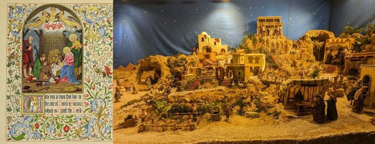 Figura 3. a) Manuscrito iluminado sobre la Natividad de Jesús publicado en Londres, 1873. A pie de la escena un versículo del Evangelio de Lucas (2:11): «Unto you is born this day in the city of David a Saviour, which is Christ the Lord». Fuente. b) Belén de la Parroquia Espíritu Santo del barrio de Ventas, Madrid. Fuente: la autora.