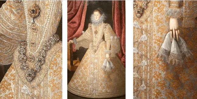 Figura 2. a) Detalle del jubón de la reina donde pueden apreciarse las joyas de la corona b) Retrato de Margarita de Austria realizado por Bartolomé González (1621). c) Detalle de la mano derecha de la reina la cual sujeta un pañuelo de encaje en color blanco. Fuente: La autora.