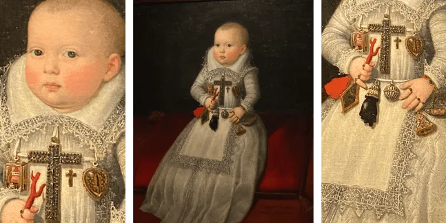 Figura 3. a) Detalle del busto de la infanta Ana Mauricia de Austria donde puede observarse la Cruz de oro y diamantes en su pecho. b) Retrato de Ana Mauricia de Austria realizado por Juan Pantoja de la Cruz(1602). c) Detalle del cuerpo de la infanta donde se observa la indumentaria y las joyas. Fuente: La autora.