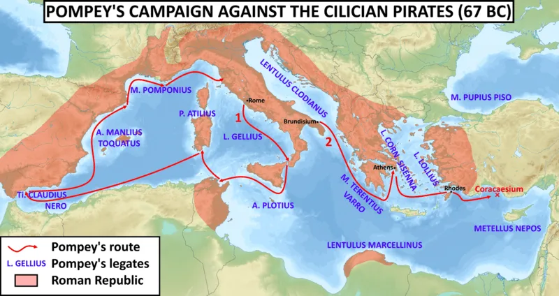 Imagen 2. Mapa de las campañas de Pompeyo contra los piratas en el Mediterráneo. Fuente.