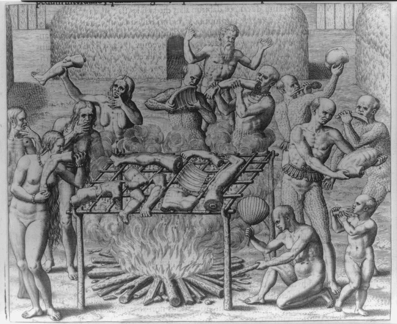Figura 2. Grabado del neerlandés Theodor de Bry (1528-1598) mostrando la quema de indígenas en el Nuevo Mundo. Fuente: Fuente.