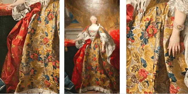 Figura 3. a) Detalle de los bordados del vestido, en especial bordados en oro de lises, castillos y leones. b) Retrato de Isabel de Farnesio realizado por Louis-Michel van Loo (1737). c) Detalle del brazalete que porta la reina donde se representa a Felipe V . Fuente: La autora.