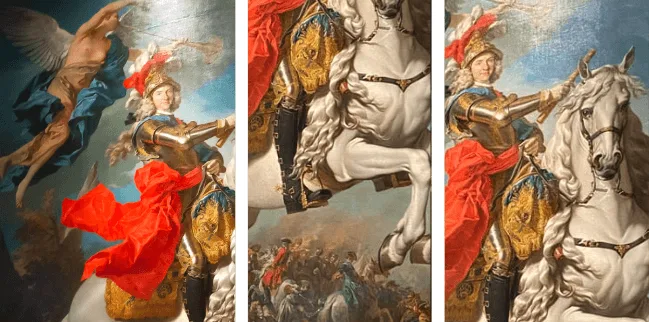 Figura 2. a) Detalle de la imposición de la corona de laurel por la Fama. b) Detalle de la batalla de las guerras italianas. c) Retrato de Felipe V a caballo realizado por Louis-Michel van Loo (1737). Fuente: La autora.