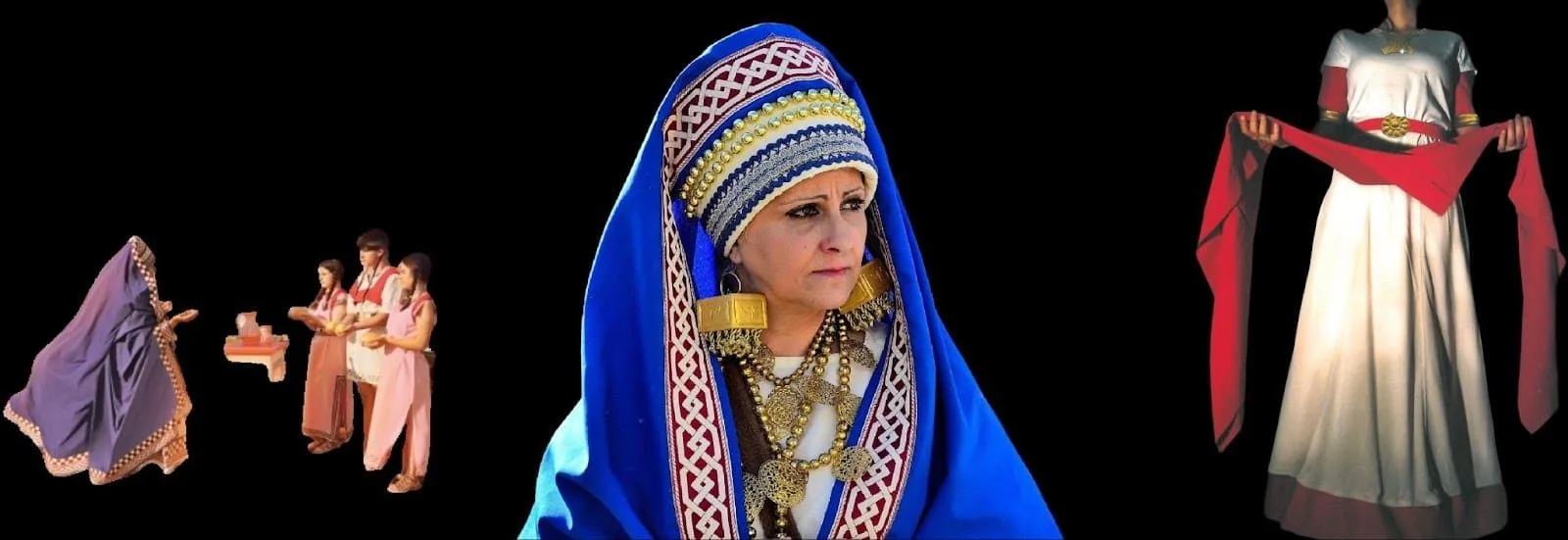 Figura 2. Recreación de las vestimentas de diversas damas. a) Escena de un ritual en las Jornadas Iberorromanas Laminitanas. b) Dama con tocado y manto largo. Fotografías cedidas por la organización de las Jornadas Laminitanas. Queremos agradecer la estupenda labor de estos colectivos y asociaciones. Los recreacionistas nos ayudan a comprender mejor ciertos aspectos de la cultura material del pasado. c) Dama con túnica y velo en la mano. Fotografía perteneciente al Catálogo de la exposición temporal La ostentación del Poder. Museo de Ciudad Real. Agradecemos a sus comisarios Honorio Álvarez y Manuel Molina su cesión.