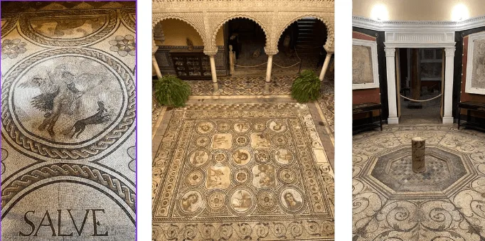 Figura 3. a) Detalle del mosaico de Ganímedes donde aparece representada la palabra SALVE. b) Vista del mosaico de los amores de Júpiter desde la Galería Superior de la casa-palacio de la condesa de Lebrija. c) Salón ochavado. Fuente: La autora.