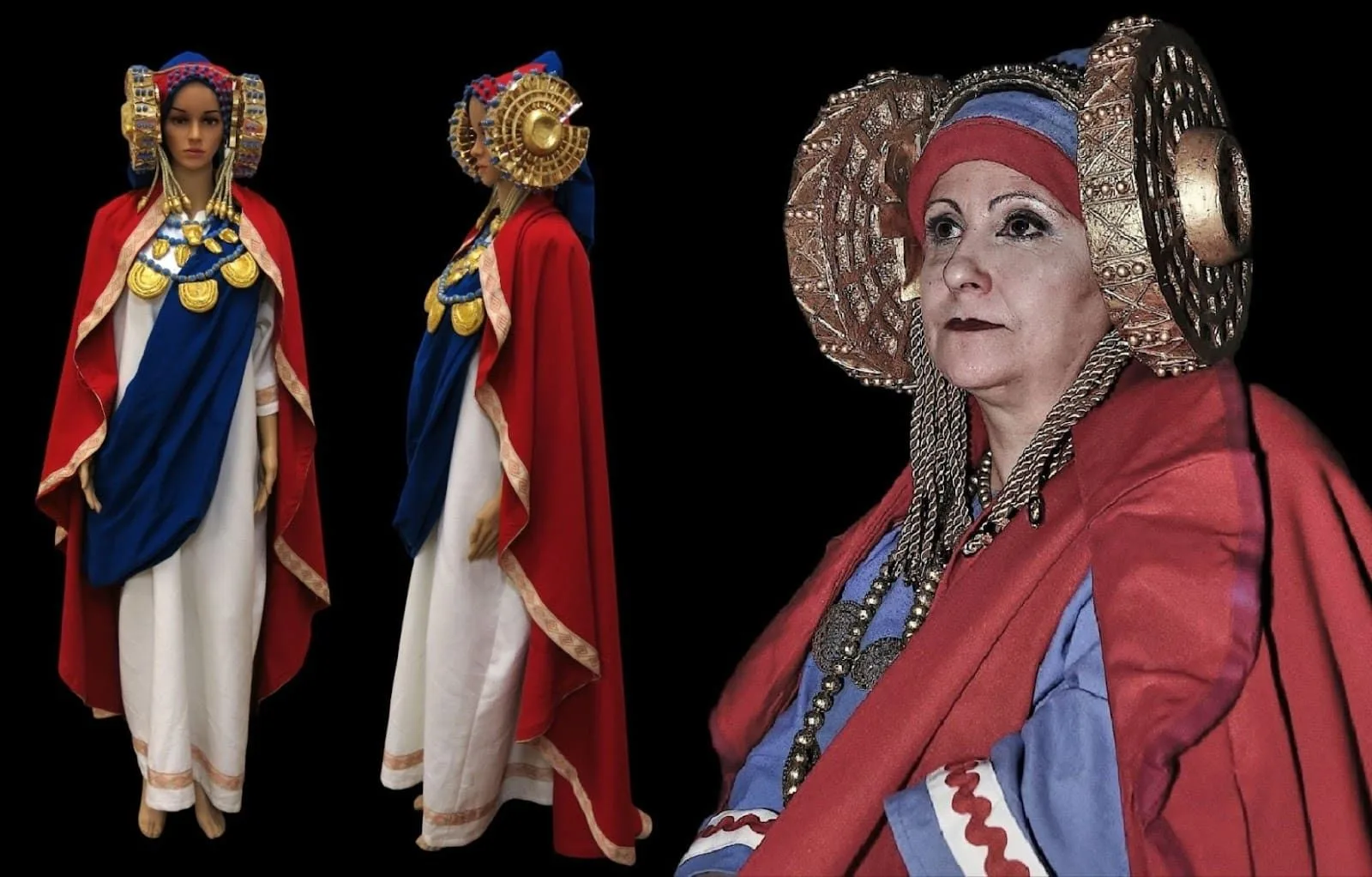 Figura 1. Diferentes recreaciones de la vestimenta de la Dama de Elche. a) Recreación de la Dama en las Jornadas iberorromanas Laminitanas (Alhambra, Ciudad Real). Agradecemos a Jesús Gómez la cesión de la fotografía e igualmente a Francisco y Luis Ángel Gómez por la organización y trabajos de recreación en las mencionadas jornadas. &nbsp;b) Vestido confeccionado por la artista Cristina Feiner Bas. Fotografía cedida por la autora y perteneciente a la exposición temporal Siguiendo el hilo de la historia: colección de trajes femeninos de recreación histórica. Museo de Cuenca.