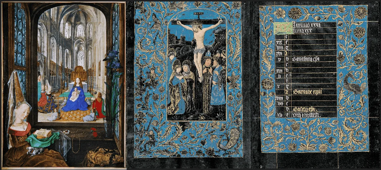 Figura 3. a) Facsímil del libro de horas de María de Borgoña, c. 1470-1480, Biblioteca Nacional de Austria, Viena, Codex Vindobonensis 1857 (f. 14v). Miniatura que representa a María de Borgoña, o en su defecto a Margarita de York. Se adjunta con el folio anejo en el que se da el texto en negro, a modo de ventanales. Fuente. b) Facsímil de Las Horas Negras de Morgan, c. 1475, Biblioteca y Museo Morgan, Nueva York, MS 493. Miniatura de La Crucifixión de Jesús (ff. 14v-15r). Fuente.
