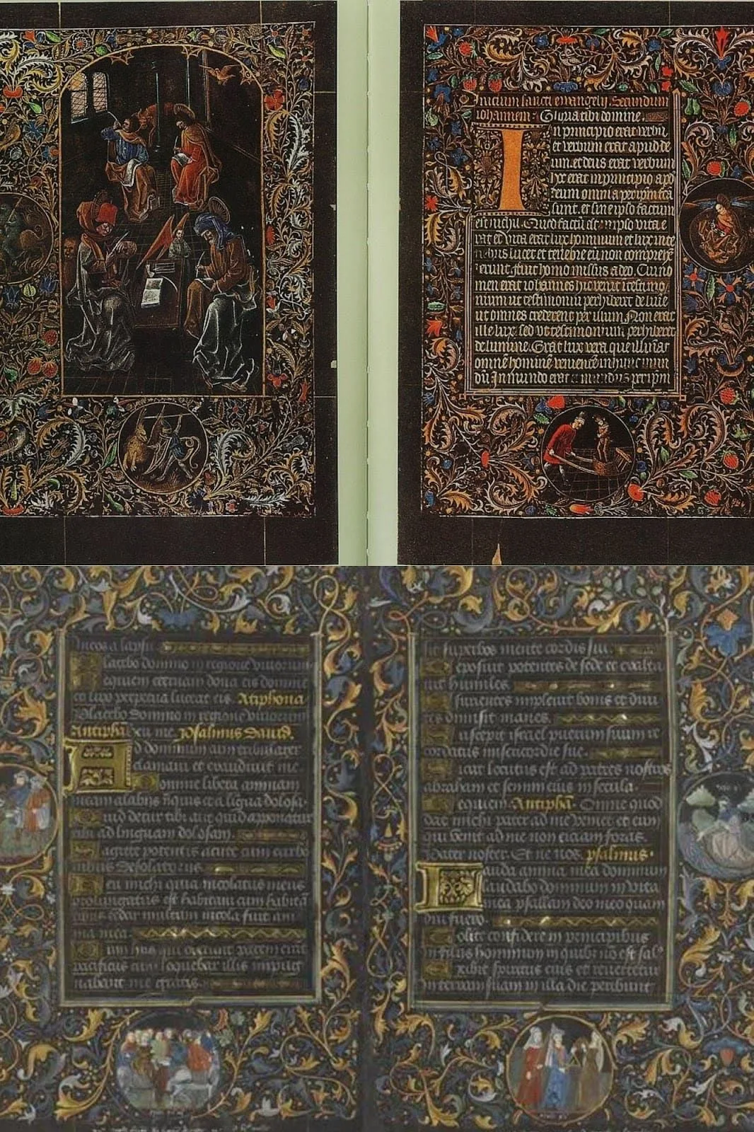 Figura 2. a) Facsímil del libro negro de oraciones, c. 1466-1476, Biblioteca Nacional de Austria, Viena, Codex Vindobonensis 1856 (ff. 32v-33r). La página izquierda muestra la miniatura de los cuatro evangelistas, mientras que la página derecha empieza con las primeras palabras del Evangelio de san Juan: in principium erat verbum. Fuente. b) Bifolio unio del libro negro de horas de Carlos I el Temerario, c. 1466, Museo del Louvre, París, MI 1091 (verso). Las dos hojas constituyen el pasaje del Cruce del Mar Rojo. Imagen procedente del Museo del Louvre. Autor: Phillipe de Mazerolles. Fuente.