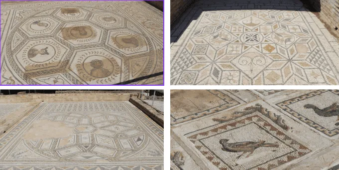 Figura 2. a) Mosaico del Planetario localizado en la Casa del Planetario (Itálica – Santiponce). b) Mosaico con motivos geométricos perteneciente a una de las estancias privadas de la Casa de los Pájaros. c) Mosaico perteneciente a una de las casas anexas de la Casa del Planetario. d) Detalle del Mosaico principal de la Casa de los Pájaros. Fuente: La autora.
