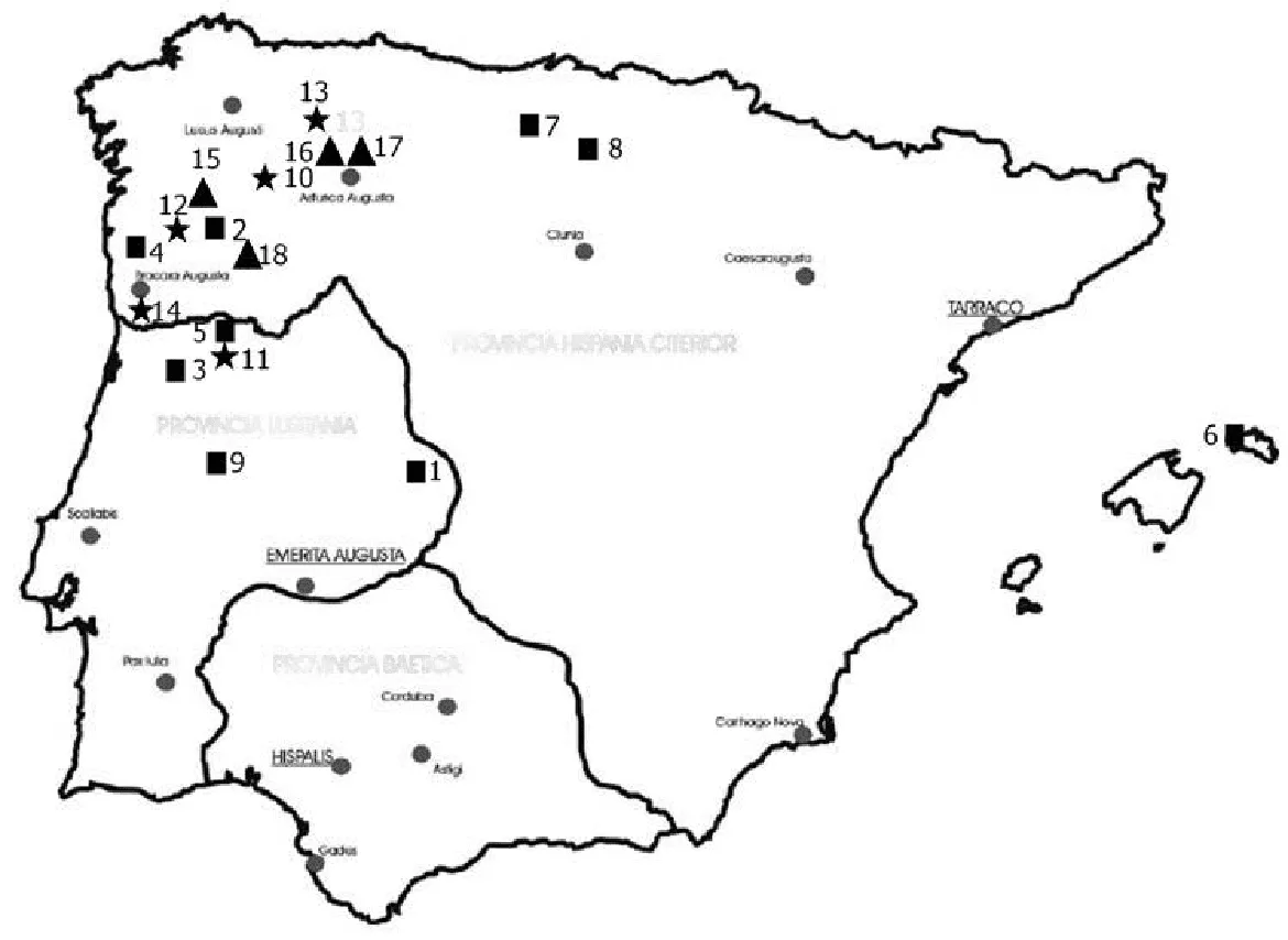 Figura 1. Ubicación de los epígrafes votivos de la muralla de Legio (Morillo Cerdán, 2008, p. 400). Fuente.