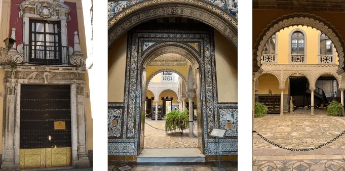 Figura 1. a) Fachada de la casa-palacio de la condesa de Lebrija. b) Zaguán de la casa-palacio de la condesa de Lebrija. c) Patio Grande o Patio Principal de la casa-palacio de la condesa de Lebrija. Fuente: La autora y Wikimedia Commons