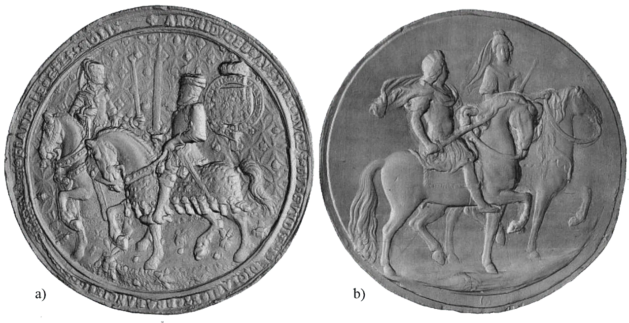 Figura&nbsp; 2. a) Sello de María Tudor y Felipe II. b) Sello de María II y Guillermo IIII (Delaroche, Henriquel & Lenormant, 1835, pl. XVII y XXVIII). Fuente.