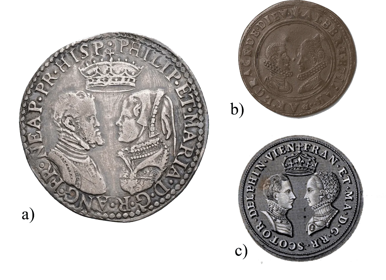 Figura 1. a) Chelín de Felipe II y María Tudor. Fuente. b)&nbsp; Jetón de Alberto e Isabel Clara. Fuente. c) Medalla de Francisco II de Francia y María Estuardo. Fuente.