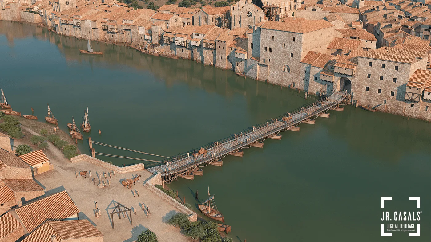Figura 4. Reconstrucción de la ciudad renacentista de Tortosa, basada en documentación histórica, planimetría de diferentes épocas y valiosa documentación gráfica: las dos vistas dibujadas por el artista flamenco Anton van der Wyngaerde en 1563. Fuente. Licencia: Josep R. Casals.