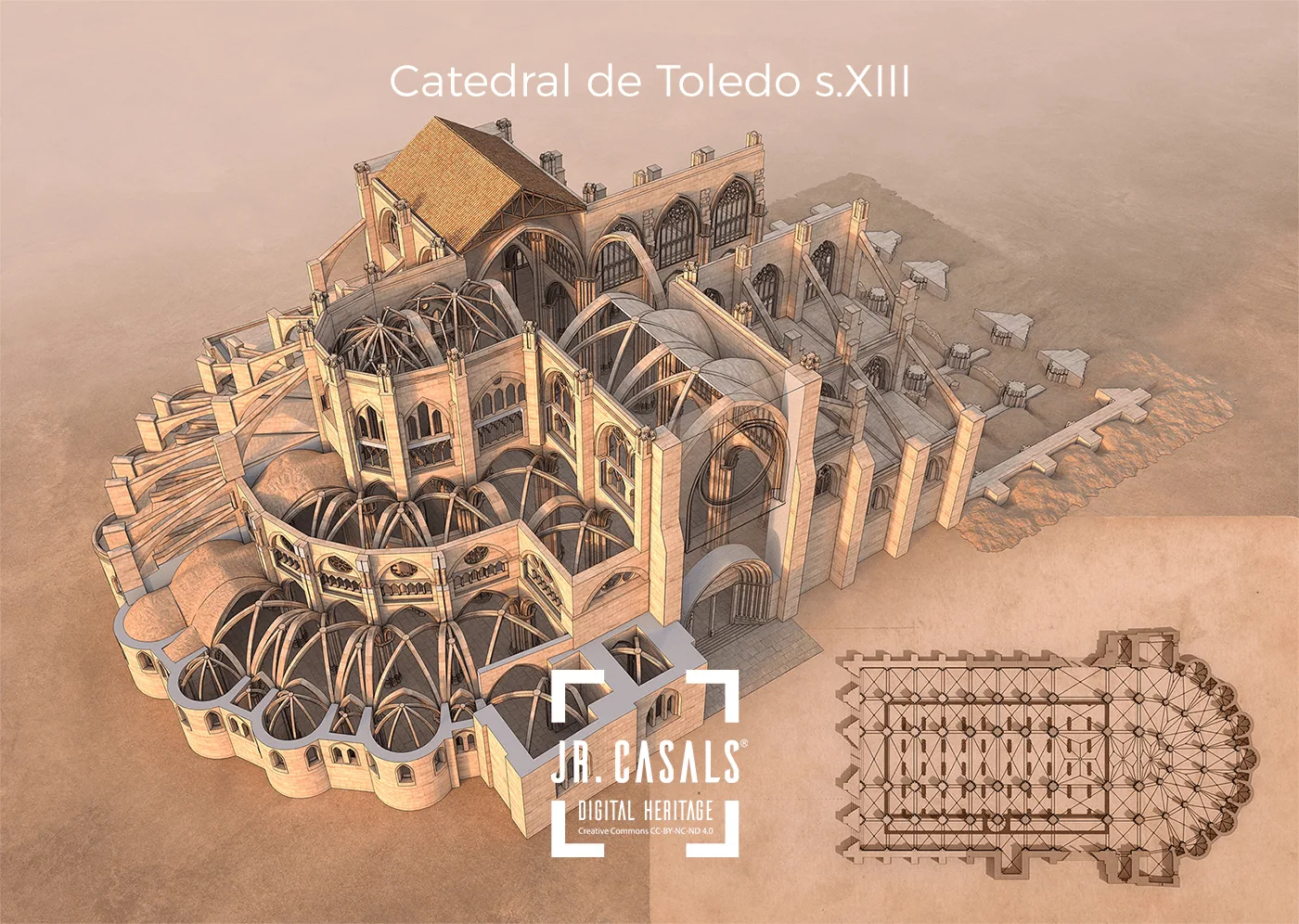 Figura 3. Reconstrucción virtual de la Catedral de Toledo en el siglo XIII, tal como debió de verse alrededor del año 1300 durante el transcurso de su construcción, con la nave y la fachada sin terminar. Fuente. Licencia: Josep R. Casals.