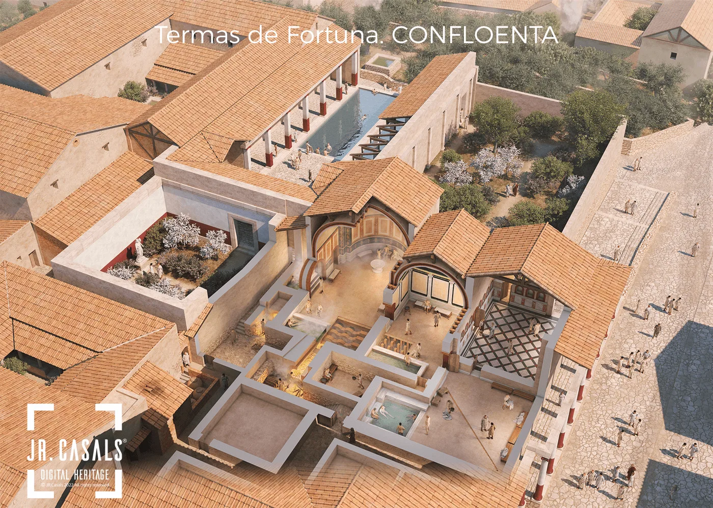 Figura 2. Reconstrucción virtual de las termas del sur de la ciudad romana de Confloenta (Duratón, Segovia), siglo II d.C. Fuente. Licencia: Josep R. Casals.