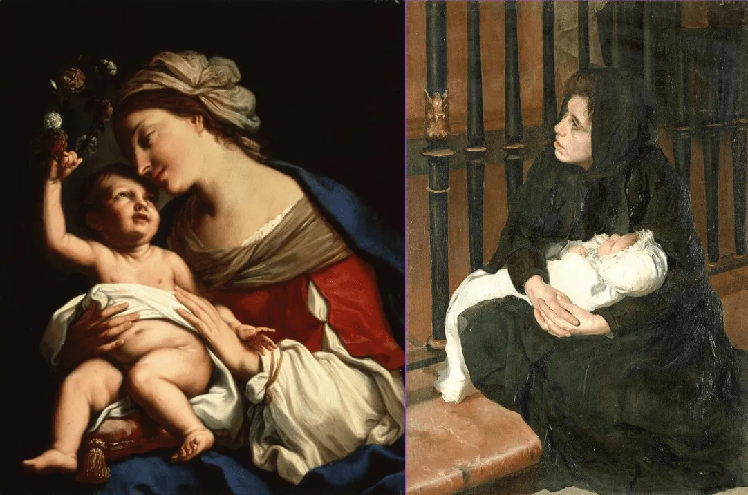 Figura 3. a) La Virgen y el Niño, Elizabetta Sirani, 1663, óleo sobre lienzo, National Museum of Women in the Arts. Fuente. Licencia: Dominio Público. b) Madre e hija, María Luisa Puiggener, 1901, óleo sobre lienzo, colección particular. Fuente. Licencia: Dominio Público.