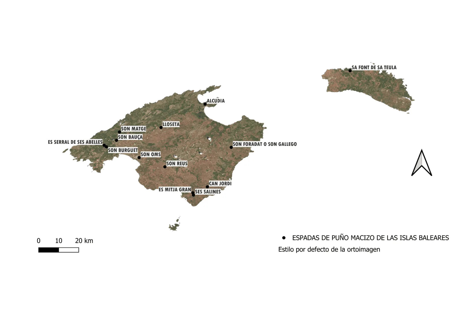 Figura 1. Mapa de la distribución de las espadas de puño macizo en las Islas Baleares. La localización es aproximada y sólo se conoce la localización exacta de cuatro (Es Serral de Ses Abelles, Son Matge, Can Jordi y Sa Font de Sa Teula). Fuente: El autor, a partir de Delibes et al., 1988 y Sureda et al., 2021.
