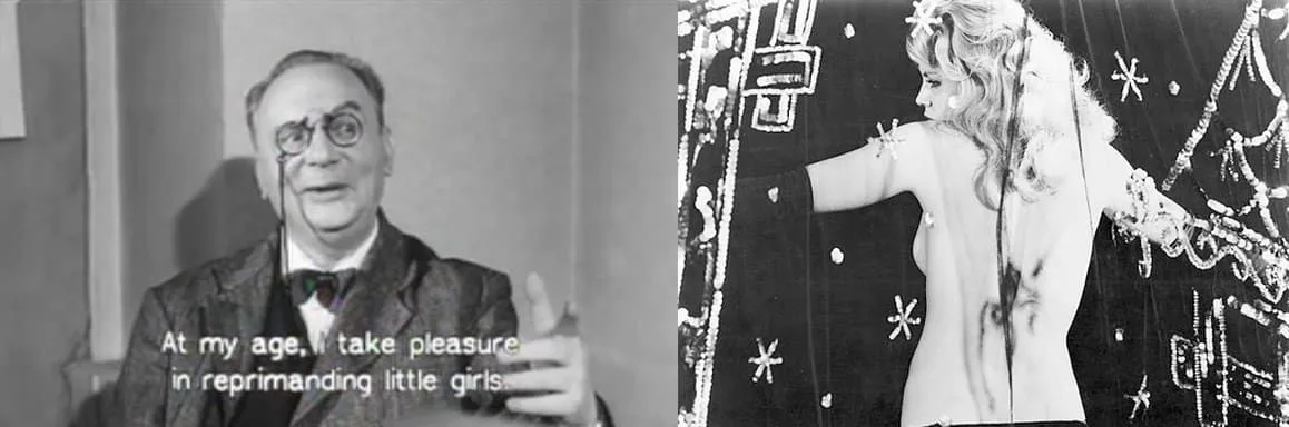 Figura 2. a) Frame extraído de Les bonnes femmes (1960) de Claude Chabrol. Vemos al jefe de la tienda donde trabaja Jacqueline reconociendo que disfruta de reprender a las jovencitas cuando se queda a solas con ellas. Fuente: https://archive.org/details/les-bonnes-femmes-claude-chabrol-1960&nbsp; Licencia: Attribution-NonCommercial-NoDerivs 4.0 International. b) Frame extraído de Les bonnes femmes (1960) de Claude Chabrol. Una actriz rubia, Dolly Bell, inicia un espectáculo erótico, interrumpiendo el hilo argumental de la película. Fuente: https://archive.org/details/les-bonnes-femmes-claude-chabrol-1960&nbsp; Licencia: Attribution-NonCommercial-NoDerivs 4.0 International