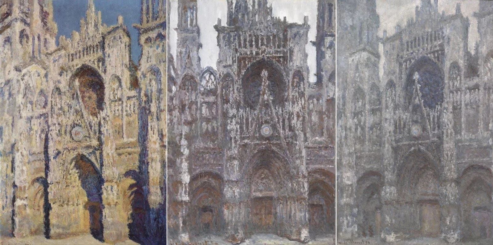Figura 2: Monet, Serie de la Catedral de Rouen (1892-1894): a) Catedral de Rouen. El Portal y la Torre Saint-Romain, a plena luz del sol. Fuente. Licencia: Dominio Público. b) Catedral de Ruán. El portal visto de frente, Harmonie brune. Fuente. Licencia: Dominio Público. c) La catedral de Ruán. El portal, Tiempo Gris. Fuente. Licencia: Dominio Público.