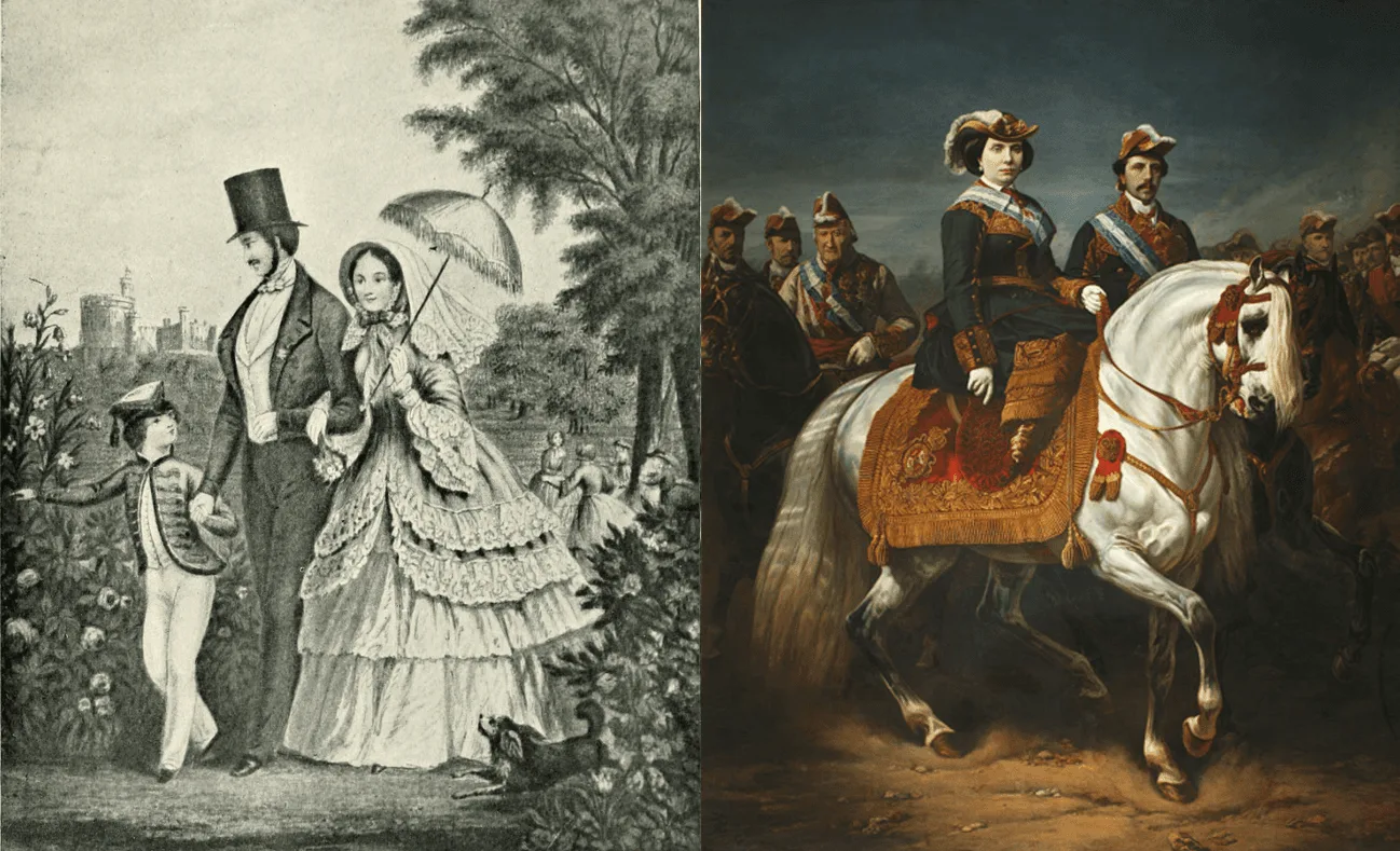 Figura 1. a) El futuro Eduardo VII con sus padres, la reina Victoria y el príncipe Alberto (Alexander Meyrick Broadley, c. 1847). Fuente. Licencia: Dominio Público. b) Retrato ecuestre de Isabel II de España y el rey Francisco de Asís (Charles Porion, 1867). Museo del Romanticismo. Fuente. Licencia: Creative Commons Attribution-Share Alike 4.0 International.